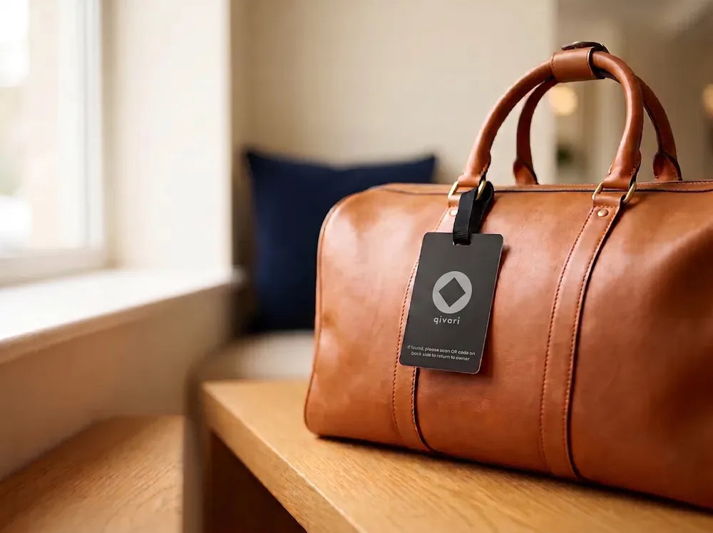 Qivari Tracker Card clipped to a leather travel bag