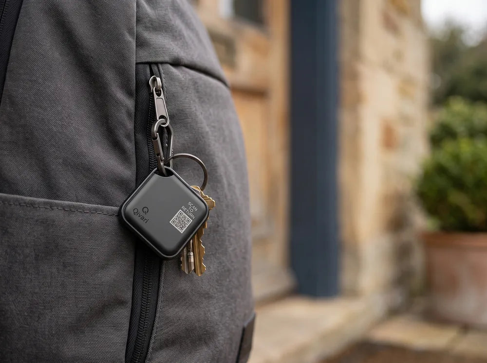 Qivari Tracker Tag clipped to keys and a backpack